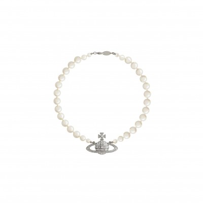 VIVIENNE WESTWOOD PLATINUM PLATED ONE ROW PEARL BAS RELIEF CHOKER NECKLACE 